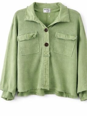 Bucket List Green Terry Knit Raw Edge Button Jacket Shacket FP Vibes! One size